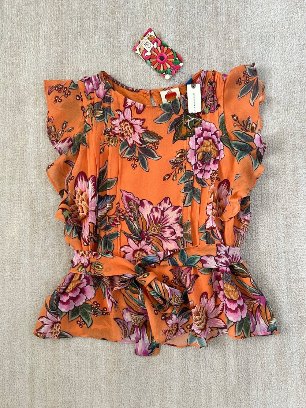 NWT Farm Rio Anthropologie Adonia Pintucked Floral Ruffle Blouse Top S Orange
